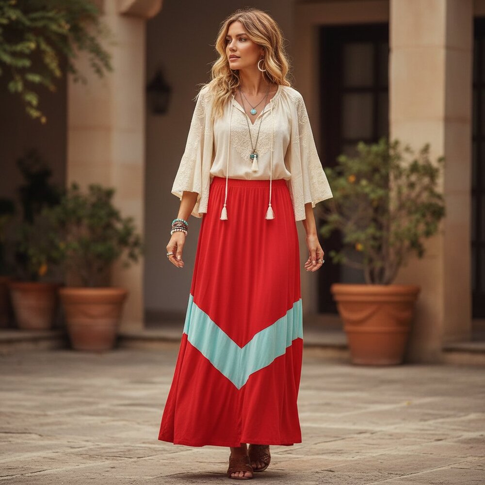 Women's L Maxi Skirt Red Chevron Jersey Knit Boho Festival Artsy Beach Indie Y2K